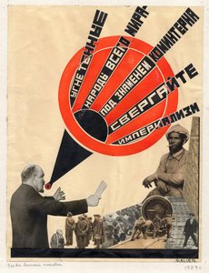 kolaż, który Gustav Klutsis wykonał w 1924 roku, do książki ku czci Lenina - sowieckiej sztuki agitacji politycznej: Uciskani ludzie całego świata Klutsisa, Gustaw (1895-1938)