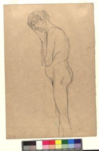 Aktdarstellung einer alten Frau im Profil nach links, den Kopf an die gefalteten Hände gelegt autorstwa Gustav Klimt