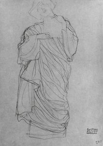 Stojąca w szacie kobieta trzymająca kartę, (ołówek na brązowym papierze) autorstwa Gustav Klimt
