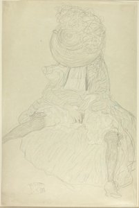 Siedząca kobieta z przodu w kapeluszu, z zakapturzoną twarzą autorstwa Gustav Klimt