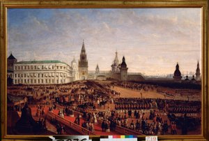 Parada wojskowa podczas koronacji cesarza Aleksandra II (1818-1881) na Kremlu moskiewskim, 18 lutego 1855. Obraz Gustava Schwarza (ok. 1800 po 1855), olej na płótnie