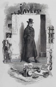 Scena z Les Miserables, autorstwa Victora Hugo: detektyw Javert (rycina) autorstwa Gustave (after) Brion