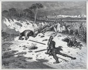 Moralizowanie Don Kichota o niewdzięczności - z „Don Kichota z Manchy” Miguela Cervantesa (1547-1616) (Don Kichota) - Drzeworyt wg rysunku Gustave