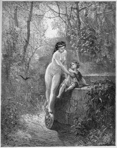 La Fortune et le jeune Enfant - Bogini Fortuny ratuje małe dziecko ze studni - z „Bajek” Jeana de La Fontaine (Lafontaine) (1621-95) - rycina wg Gustave