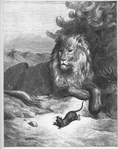 Le lion et le rat - Lew i mysz - z "Bajek" Jeana de La Fontaine (Lafontaine) (1621-95) - rycina wg Gustave
