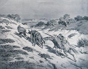Rycerz bity i jego giermek, z „Don Kichota z Manchy” Miguela Cervantesa (1547-1616) rytego przez Heliodore Josepha Pisana (1822-90) c.1868 (rycina) autorstwa Gustave (after) Dore