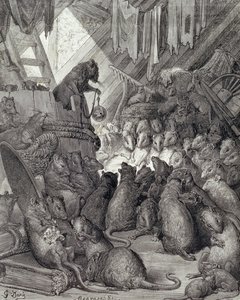 Rada trzymana przez szczury, z bajek La Fontaine, wyryte przez Antoine Valerie Bertrand (ur. 1823) c.1868 (grawerowanie) autorstwa Gustave (after) Dore