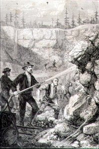 Poszukiwanie złota w Kalifornii w latach 60. XIX wieku, rytowane przez Felixa Jeana Gaucharda (1825-72) (grafika) autorstwa Gustave Adolphe (after) Chassevent Bacques