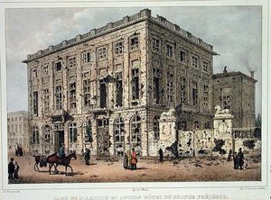 Cafe Amitie i Old Hotel du Prince Frederic, Bruksela, po walkach 23-26 września 1830 r., ryt Jean Baptiste Madou (1796-1877) (kolorowa rycina) autorstwa Gustave Adolphe (after) Simoneau