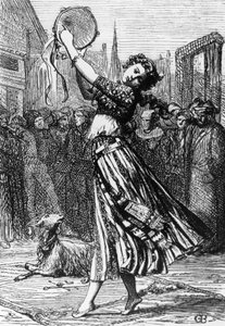 Esmeralda z kozą Djali, ilustracja do powieści Dzwonnik z Notre-Dame, autorstwa Victora Hugo (1802-1885), rycina wg rysunku Gustave