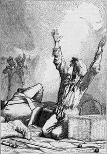 Gavroche spada na barykady – w „Les Miserables” Victora Hugo, chor. przez Briona, wyd. Hetzel i Lacroix