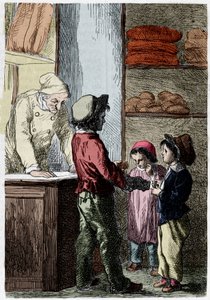 Gavroche daje dzieciom chleb - w „Les Miserables” Victora Hugo, chor. przez Briona, wyd. Hetzel i Lacroix