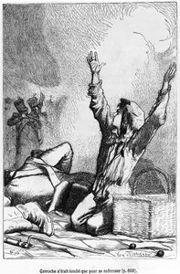 Gavroche upadł, by ponownie się podnieść, ilustracja z „Nędzników” Victora Hugo (1802-85) rytowana przez Julesa Leona Perrichona (1836-97)