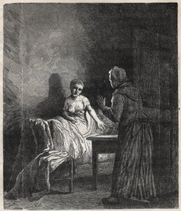 Marguerite wchodzi do pokoju Fantine, a Fantine pokazuje mu dwóch Napoleonów (moneta), którzy mogą uratować Cosette, jego córkę - Ilustracja Gustave