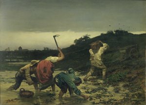 Chłopi zbierający ziemniaki podczas wylewu Renu w 1852 r. autorstwa Gustave Brion
