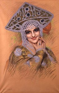 Młoda kobieta w perłowym nakryciu głowy (pastel na papierze) autorstwa Gustave Brisgand