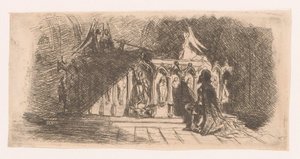 Mężczyzna klęka przed gotyckim grobowcem autorstwa Gustave Buschmann