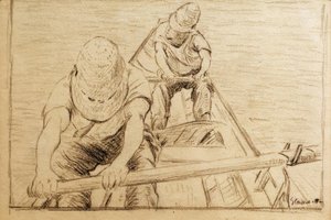Kajakarze wiosłujący po Yerres autorstwa Gustave Caillebotte