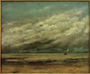 Żaglówka w pobliżu wybrzeża, burzowe niebo autorstwa Gustave Courbet