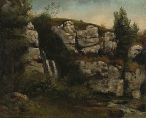 Krajobraz ze skalistymi klifami i wodospadem autorstwa Gustave Courbet