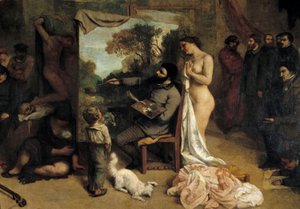 Warsztat Malarski. Allegorie Reelle wyznaczająca siedmioletnią fazę mojego życia artystycznego (i moralnego) Detal przedstawiający malarkę otacza dwa źródła inspiracji, dziecko symbolizujące naiwność i nagą kobietę. Obraz Gustave