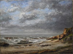 Widok na wzburzone morze w pobliżu klifu? autorstwa Gustave Courbet