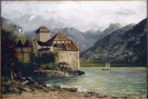 Widok na zamek Chillon nad Jeziorem Genewskim (olej na płótnie) autorstwa Gustave Courbet