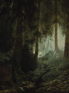 Jeleń w leśnym krajobrazie autorstwa Gustave Dore