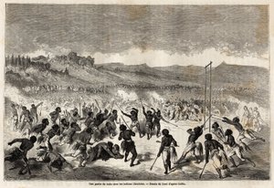 Gra w piłkę wśród Indian Choctaws, plemienia z regionu Mississippi, narysowana przez Gustave