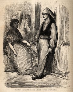 Handlarz czekoladą na świeżym powietrzu, szkic na żywo zrobione w Madrycie. Grawer Gustave Dore (1832-1883) ilustrujący jego podróż do Hiszpanii z Ch. Davillier (redaktor), w 1862, opublikowany w „” Le tour du monde””” 1869, pod redakcją Edouarda Chartona, autorstwa Gustave Dore