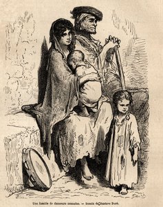 Rodzina koczowniczych tancerzy odpoczywających na ulicach Sewilli. Szkic wykonany na żywo przez Gustave Dore (1832-1883). Rycina ilustrująca podróż do Hiszpanii w 1862 r. autorstwa Charlesa Davilliera i Gustave