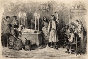 Taniec pogrzebowy podczas dnia pogrzebowego w Jijonas (prowincja Alicante). Szkic wykonany na żywo przez Gustave Dore (1832-1883). Rycina ilustrująca podróż do Hiszpanii w 1862 r. autorstwa Charlesa Davilliera i Gustave