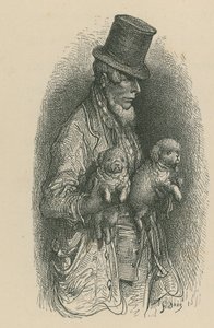 Mężczyzna w cylindrze trzymający w rękach dwa psy autorstwa Gustave Dore