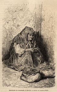 Sprzedawca orzeszków ziemnych, szkic na żywo na puerta del sol w Madrycie. Grawer Gustave Dore (1832-1883) ilustrujący jego podróż do Hiszpanii z Ch. Davillier (redaktor), w 1862, opublikowany w „” Le tour du monde””” 1869, pod redakcją Edouarda Chartona,  autorstwa Gustave Dore