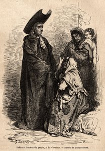 Ksiądz i kobieta ludu odziani w łachmany; zawodowi hiszpańscy żebracy osiedlili się na dworach kościołów, by umiejętnie wykorzystać chrześcijańską dobroczynność. Szkic wykonany na żywo przez Gustave Dore (1832-1883). Grawerowanie ilustrujące podróż autorstwa Gustave Dore
