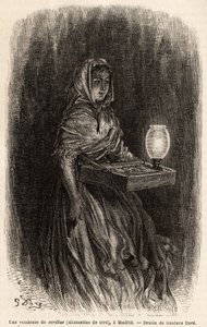 Sprzedawczyni woskowych zapałek, szkicuje na żywo na puerta del sol w Madrycie. Grawer Gustave Dore (1832-1883) ilustrujący jego podróż do Hiszpanii z Ch. Davillier (redaktor), w 1862 r., opublikowany w „”Le tour du monde”””1869, red. Edouard Charton, autorstwa Gustave Dore