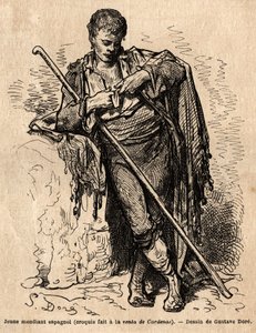 Młody żebrak, a la vente de Cardenas, zajazd przy drodze Almaden (prowincja Kanału). Szkic wykonany na żywo przez Gustave Dore (1832-1883). Rycina ilustrująca podróż po Hiszpanii w 1862 r. autorstwa Charlesa Davilliera i Gustave