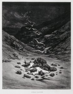 Achan został ukamienowany (Joz. 7:1,10-26), ilustracja z Biblii Dore