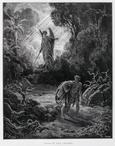 Adam i Ewa wygnani z ogrodu Eden przez anioła, ilustracja z Biblii Dore