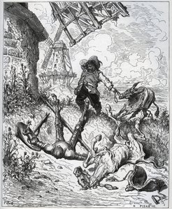 Po szturmie daje wiatraki - „” Misericorde! „” Sancho - z „” Don Kichot de la Mancha”” Miguela Cervantesa (1547-1616) (Don Kichot) - Drzeworyt wg rysunku Gustave