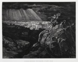 Anioł ze św. Janem Chrzcicielem przed Jerozolimą, ilustracja z Biblii Dore
