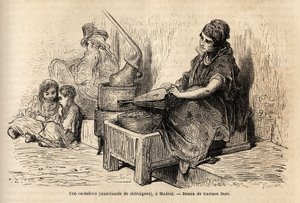Sprzedawczyni kasztanów na świeżym powietrzu, ze swoim przenośnym piekarnikiem, szkicuje na obrazie na puerta del sol w Madrycie. Grawer Gustave Dore (1832-1883) ilustrujący jego podróż do Hiszpanii z Ch. Davillier (redaktor), w 1862 r., opublikowany w „”L autorstwa Gustave Dore
