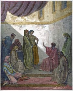 Chrzest Korneliusza setnika - Korneliusz setnik przyjmuje wiarę Jezusa Chrystusa i zostaje ochrzczony przez św. Piotra. - Grawerowanie w „The Bible illustree” Gustave