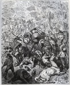 Bitwa z mułami - Yangois używali swoich maczug - z „Don Kichota z Manchy” Miguela Cervantesa (1547-1616) (Don Kichota) - Drzeworyt wg rysunku Gustave