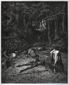 Biwak w lesie - Przekonani pięknem tego miejsca postanowili spędzić tam godziny drzemki - z „Don Kichota z Manchy” Miguela Cervantesa (1547-1616) (Don Kichota) - Drzeworyt wg rysunku autorstwa Gustave Dore autorstwa Gustave Dore