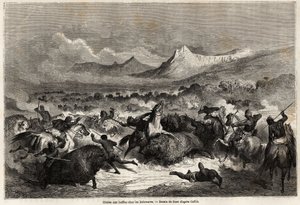 Polowanie na bizony wśród Delaware, Indian żyjących nad brzegami rzeki o tej samej nazwie, rysunek Gustave