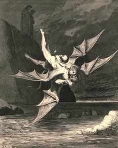 Ale drugi okazał się jastrzębiem... i we wrzącym jeziorze oba spadły, około 1890 roku. autorstwa Gustave Dore