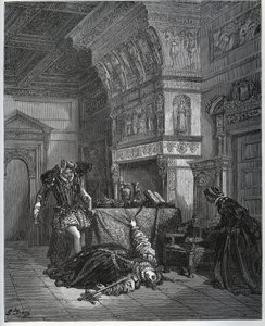 Camille zwodne samobójstwo przed Lothaire i Leonellą - z „Don Kichota z Manchy” Miguela Cervantesa (1547-1616) (Don Kichota) - Drzeworyt wg rysunku Gustave