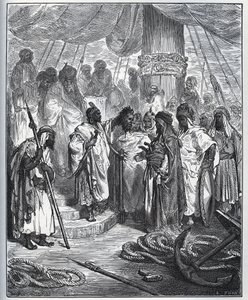 Zniewolona historia. Głowa Pagano Dorii odcięta przez Arabów - Arabowie odcięli mu głowę i zanieśli generałowi floty tureckiej - z „Don Kichota de la Mancha”” Miguela Cervantesa (1547-1616) (Don Kichota) - Drzeworyt po rysowaniu przez Gustave Dore autorstwa Gustave Dore