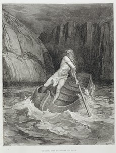 Charon, przewoźnik piekieł, z Boskiej komedii (Piekło) Dantego Alighieri (1265-1321) rytego przez Stephane Pannemakera (1847-1930) c.1868 autorstwa Gustave Dore